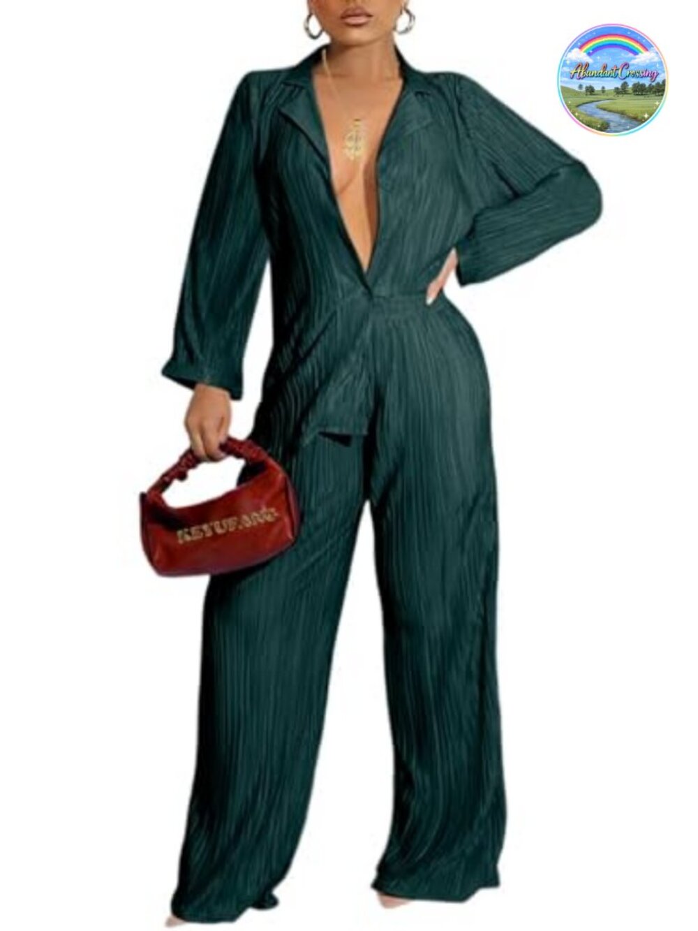Pleated 2 Piece Outfit Button Down Shirt Wide Leg Pants Set